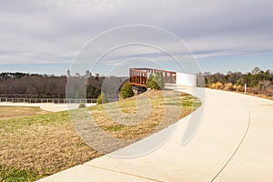 observation deck, background is Winston Salem  North Carolina skyline in Quarry park